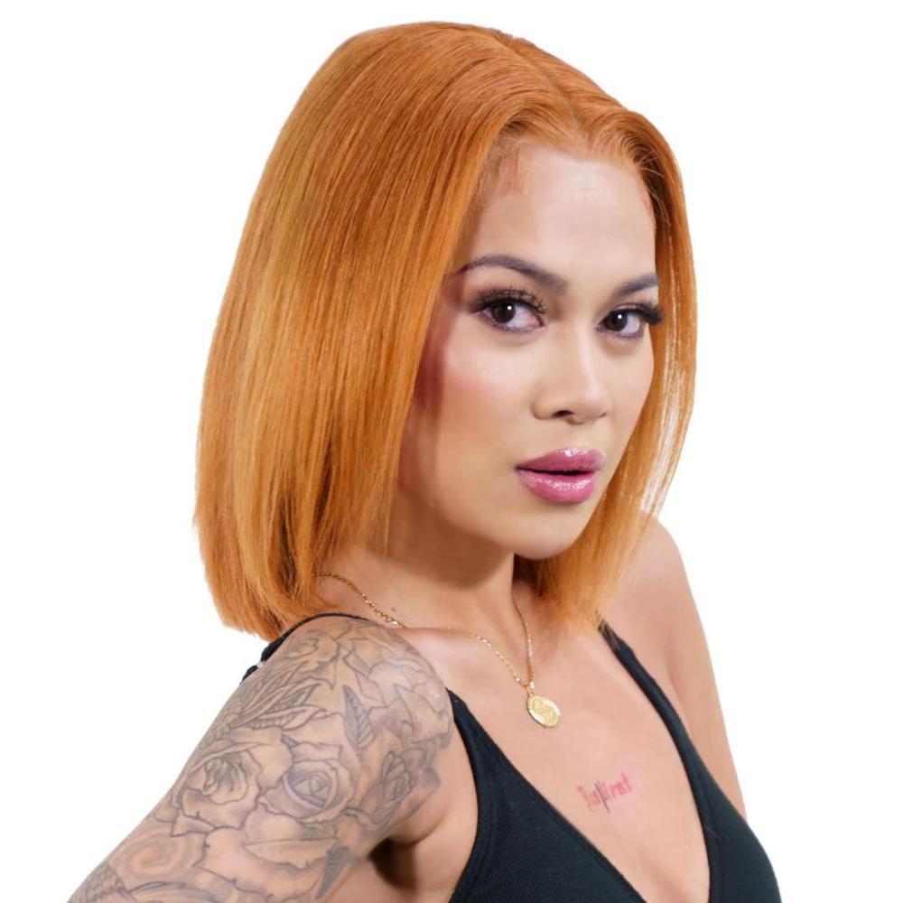 model close up wearing cinnamon bob wig