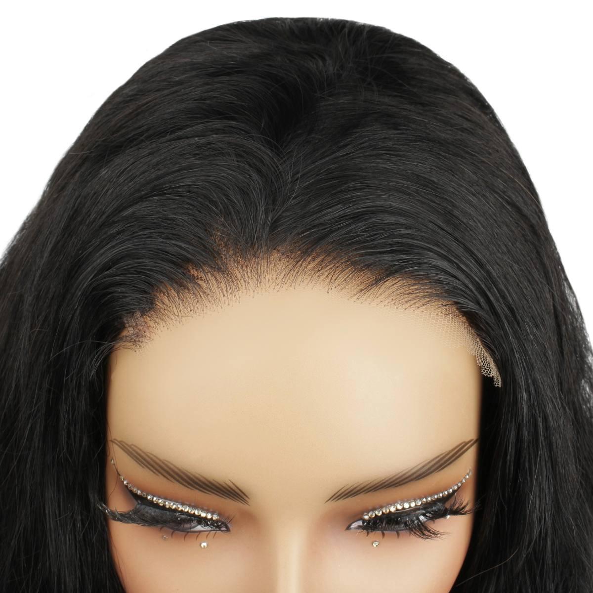 hairline view of jet black body wave 5x5 hd closure wig
